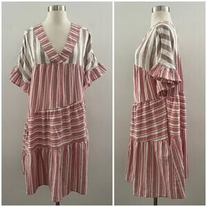 GiGio Striped Dress Small Red Tan Lagenlook Cotton Linen Oversized Relaxed NEW